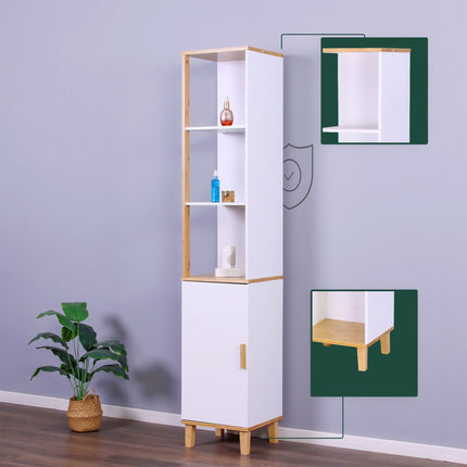 Hoher Badezimmerschrank, Tür & 3 Ablagen, Bambusakzente