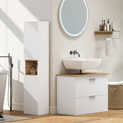 Hoher Badezimmerschrank, Weiß/Naturholz, verstellbare Einlegeböden