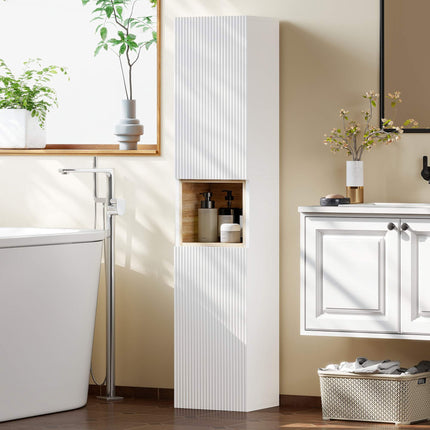 Hoher Badezimmerschrank, Weiß/Naturholz, verstellbare Einlegeböden
