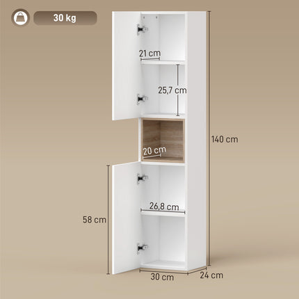 Hoher Badezimmerschrank, Weiß/Naturholz, verstellbare Einlegeböden