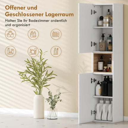 Hoher Badezimmerschrank, Weiß/Naturholz, verstellbare Einlegeböden