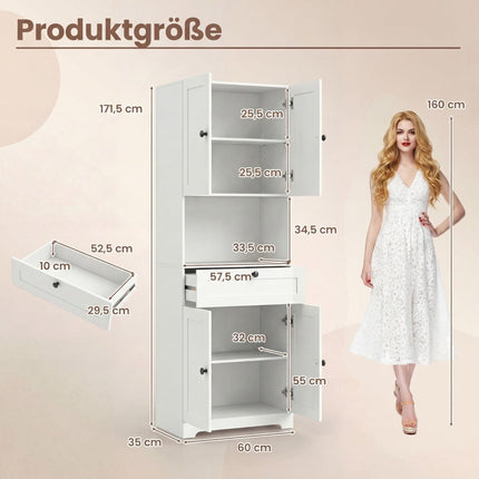 Hoher Badezimmerschrank mit 4 Türen, Schublade, verstellbarem Einlegeboden