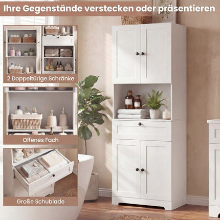 Hoher Badezimmerschrank mit 4 Türen, Schublade, verstellbarem Einlegeboden