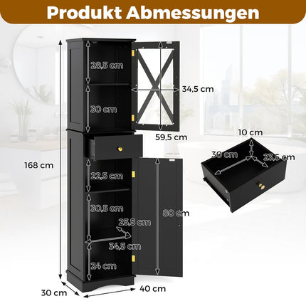 Hoher Badezimmerschrank mit verstellbaren Einlegeböden, Schwarz