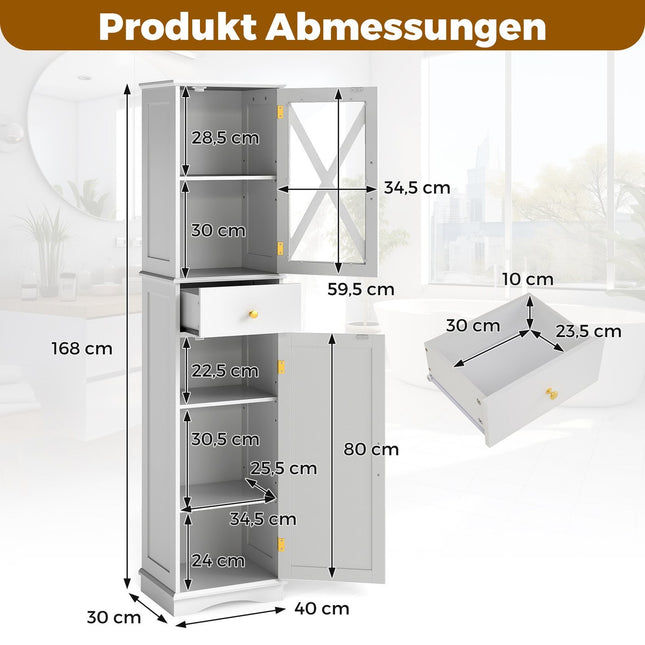 Hoher Badezimmerschrank mit verstellbaren Einlegeböden, Weiß