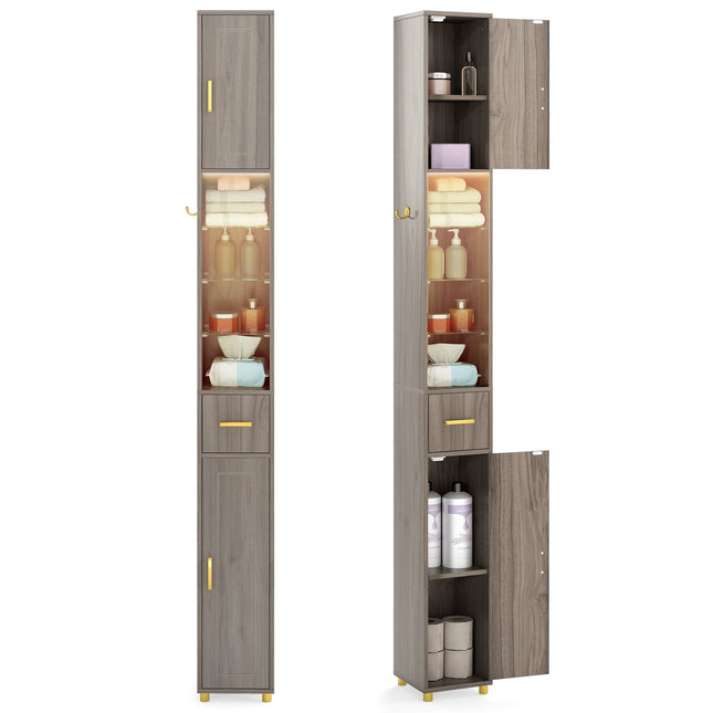 Tall Bathroom Cabinet with Lighting, Drawer & Glass Shelves