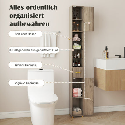 Hoher Badschrank mit Beleuchtung, Schublade und Glasablagen