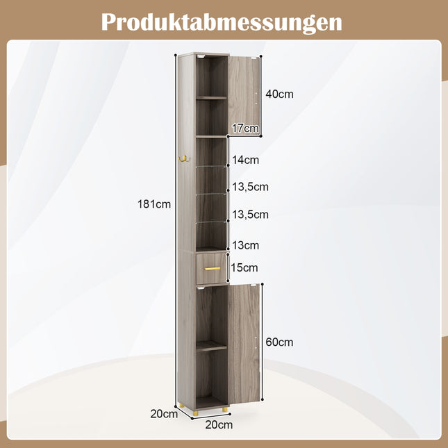 Tall Bathroom Cabinet with Lighting, Drawer & Glass Shelves