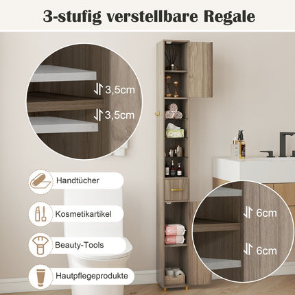 Hoher Badschrank mit Beleuchtung, Schublade und Glasablagen