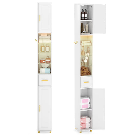 Hoher Badezimmerschrank mit Beleuchtung, Glasböden, Schublade
