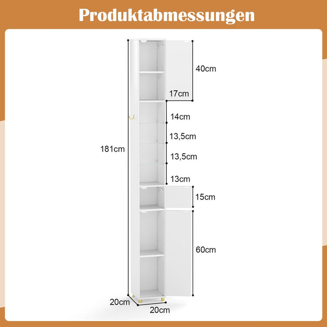 Tall Bathroom Cabinet with Lighting, Glass Shelves, Drawer