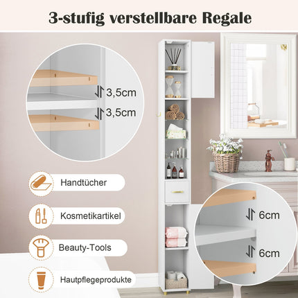 Hoher Badezimmerschrank mit Beleuchtung, Glasböden, Schublade