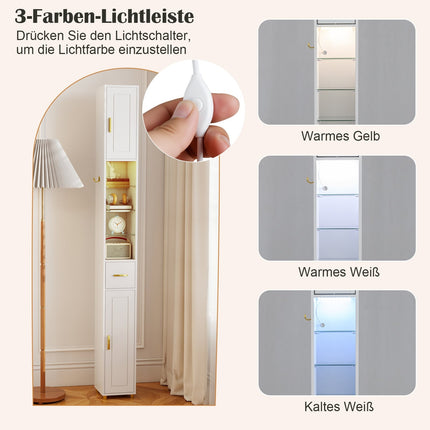 Hoher Badezimmerschrank mit Beleuchtung, Glasböden, Schublade