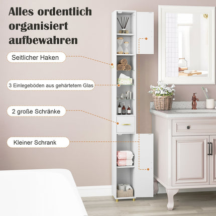 Hoher Badezimmerschrank mit Beleuchtung, Glasböden, Schublade
