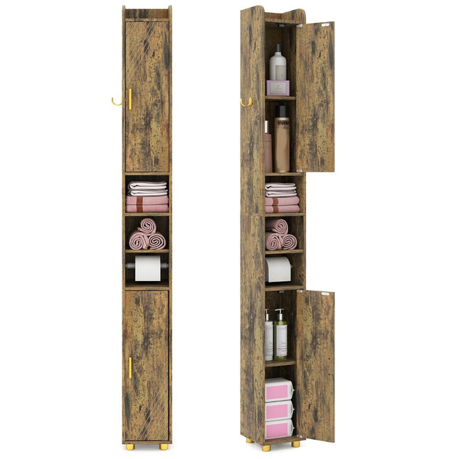 Tall Bathroom Cabinet with Toilet Paper Holder & Hooks