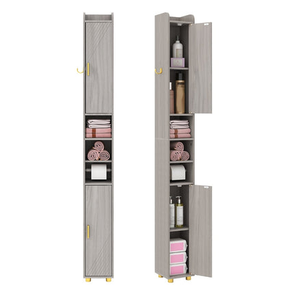 Hoher Badezimmerschrank mit Toilettenpapierhalter, Haken – Grau