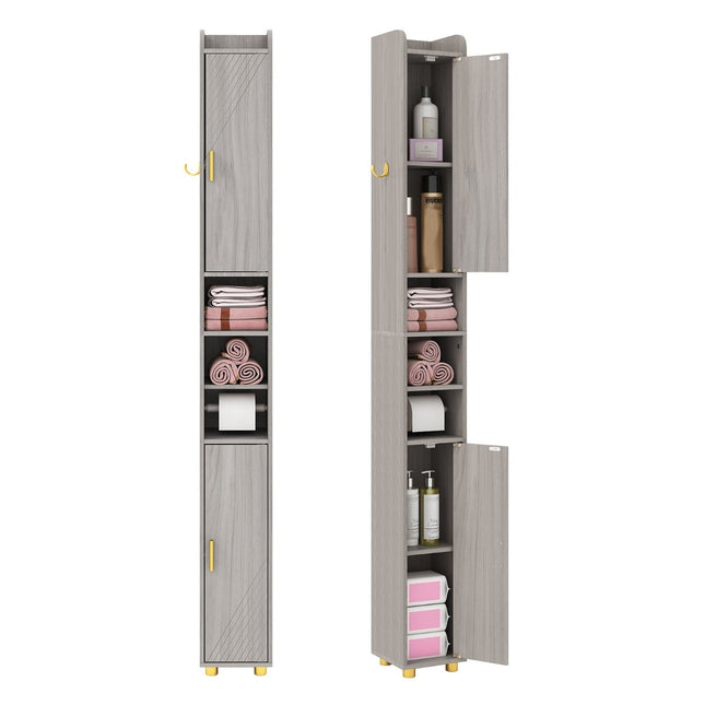 Tall Bathroom Cabinet with Toilet Paper Holder, Hooks – Grey