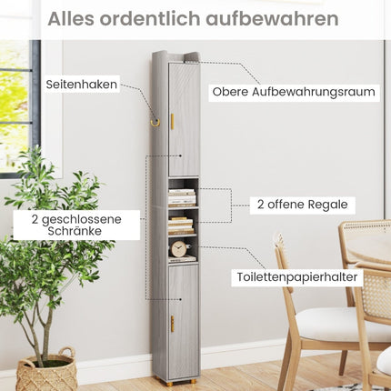 Hoher Badezimmerschrank mit Toilettenpapierhalter, Haken – Grau