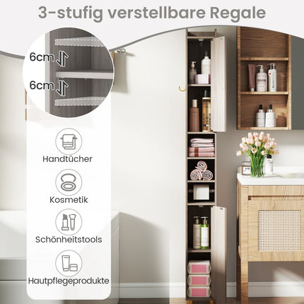 Hoher Badezimmerschrank mit Toilettenpapierhalter, Haken – Grau