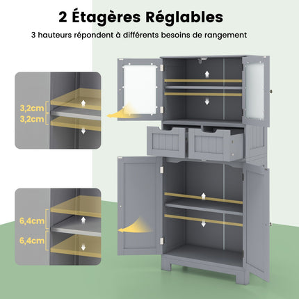 Hoher Badezimmerschrank, 4 Türen, 2 Schubladen, Grau