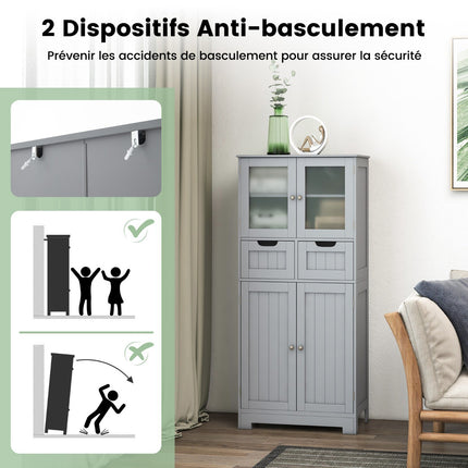 Hoher Badezimmerschrank, 4 Türen, 2 Schubladen, Grau