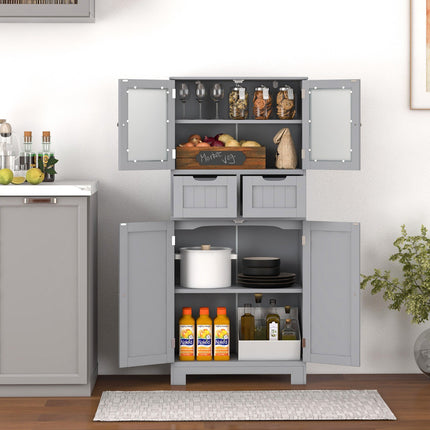 Hoher Badezimmerschrank, 4 Türen, 2 Schubladen, Grau