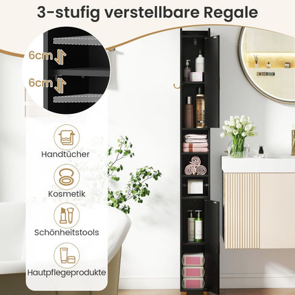 Tall Black Bathroom Cabinet with Adjustable Shelves, 179 cm