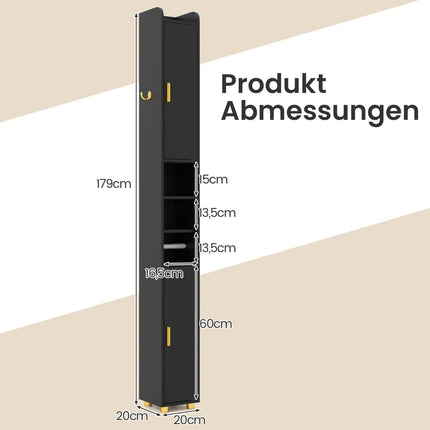 Tall Black Bathroom Cabinet with Adjustable Shelves, 179 cm