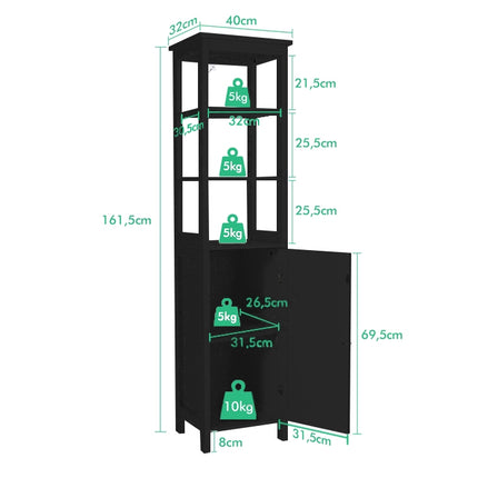 Tall Black Bathroom Cabinet with Adjustable Shelves, MDF