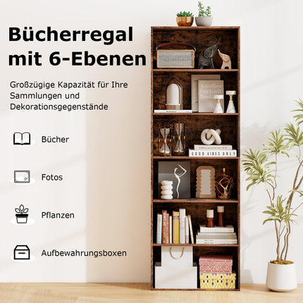 Hohes braunes Bücherregal mit 6 Ablagen und Kippsicherung