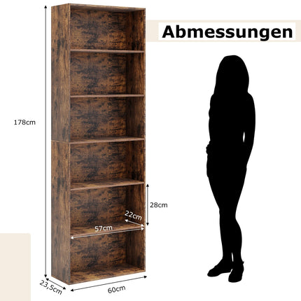 Hohes braunes Bücherregal mit 6 Ablagen und Kippsicherung