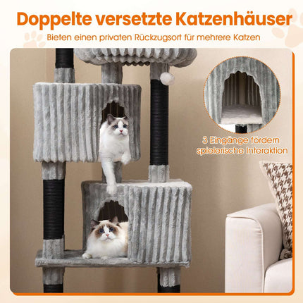Hoher Katzenkratzbaum mit 2 Höhlen, Liegeflächen, Kratzstämmen, 156 cm