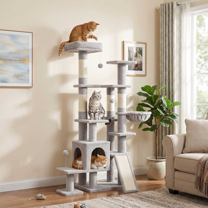 Tall Cat Tree with Hammock, Scratching Posts, Light Grey