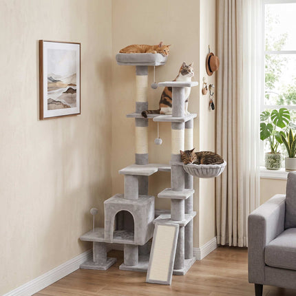 Tall Cat Tree with Hammock, Scratching Posts, Light Grey