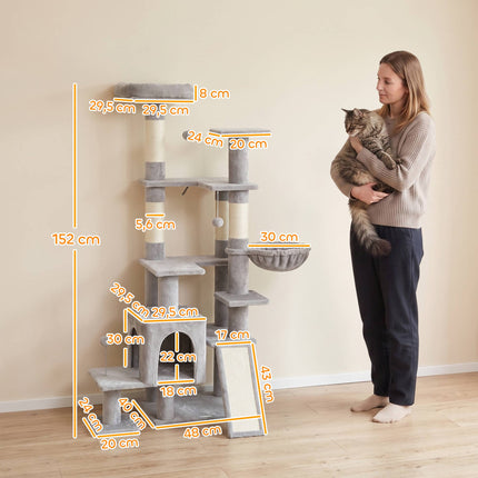 Tall Cat Tree with Hammock, Scratching Posts, Light Grey
