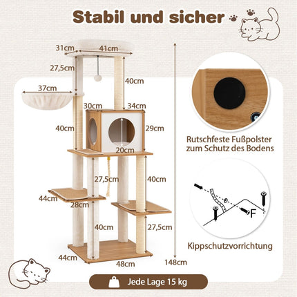 Tall Cat Tree with Sisal Posts & Cozy Cave, 148 cm