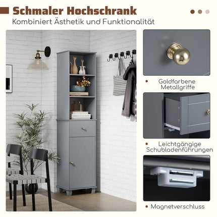 Tall Grey Bathroom Cabinet with 3 Shelves and Drawer
