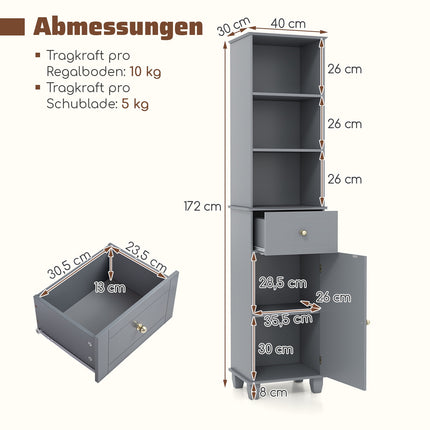 Tall Grey Bathroom Cabinet with 3 Shelves and Drawer
