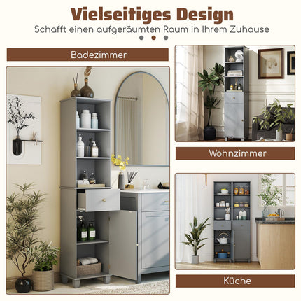 Tall Grey Bathroom Cabinet with 3 Shelves and Drawer