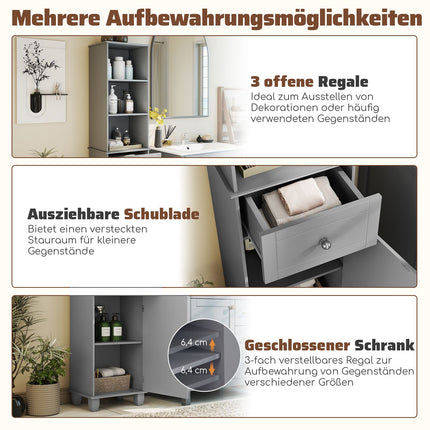 Tall Grey Bathroom Cabinet with 3 Shelves and Drawer