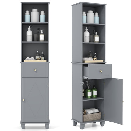 Tall Grey Bathroom Cabinet with 3 Shelves and Drawer