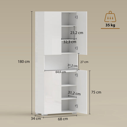 Tall Kitchen Pantry Cabinet, Adjustable Shelves, Gloss White