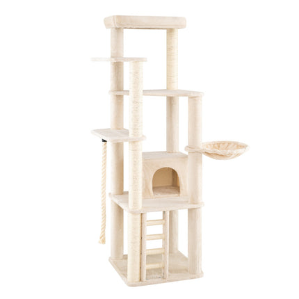 Tall Modern Cat Tree with Condo, Perch & Sisal Posts - Beige