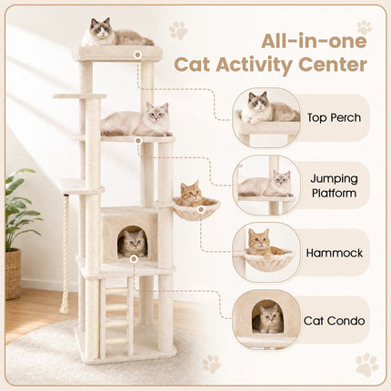 Tall Modern Cat Tree with Condo, Perch & Sisal Posts - Beige