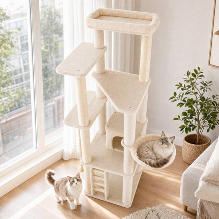 Tall Modern Cat Tree with Condo, Perch & Sisal Posts - Beige