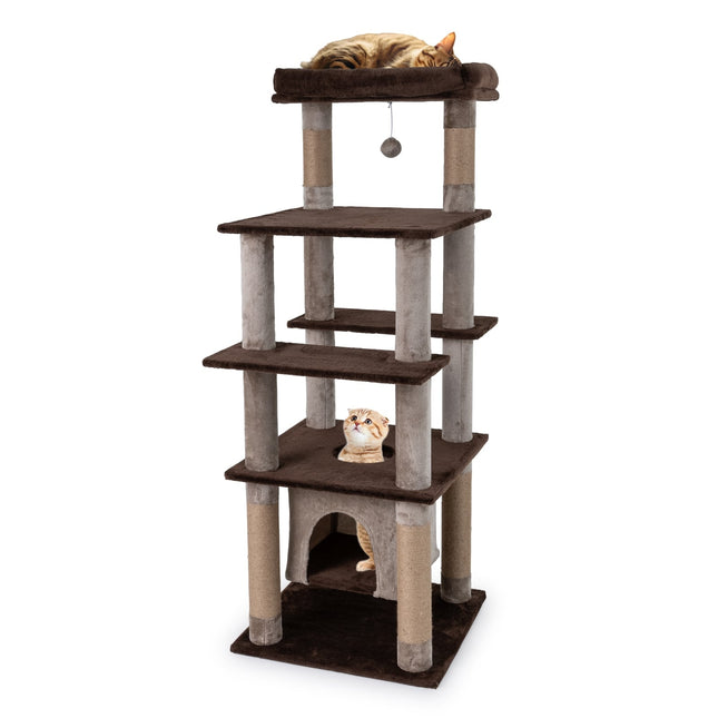 Großer, mehrstufiger Katzenbaum mit Hängematte, Plüschbett, Braun