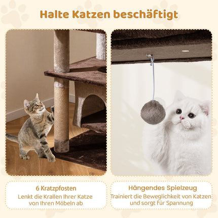 Tall Multi-Level Cat Tree with Swing Condo, Plush Bed, Brown