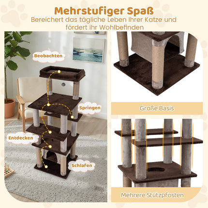 Tall Multi-Level Cat Tree with Swing Condo, Plush Bed, Brown