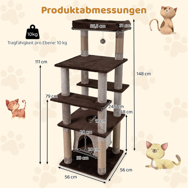 Großer, mehrstufiger Katzenbaum mit Hängematte, Plüschbett, Braun