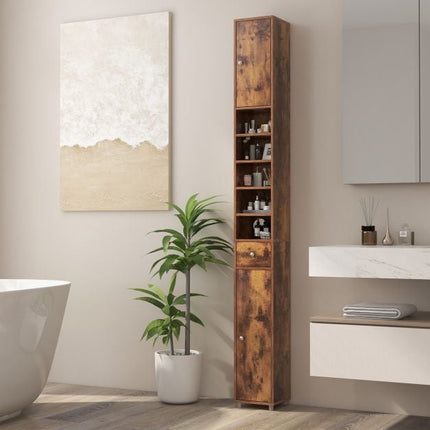 Hoher schmaler Badezimmerschrank, 2 Türen, Schublade, 20x20x180 cm